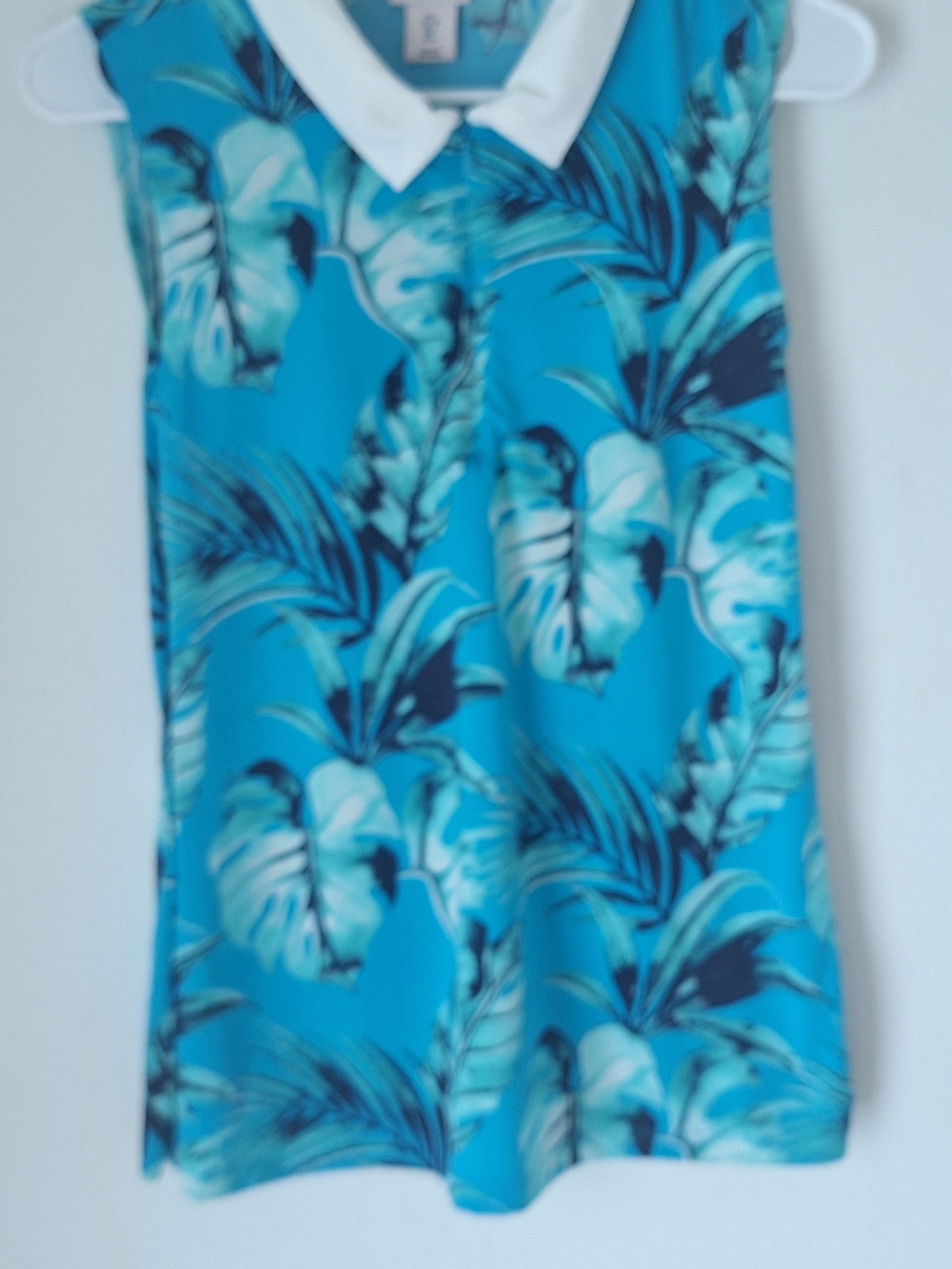 Tommy Bahama Golf Blue Tropical Print Sleeveless Polo Top with White Collar Sz L